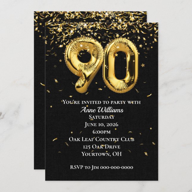Gold Foil Balloons 90th Birthday Party Invitation (Front/Back)