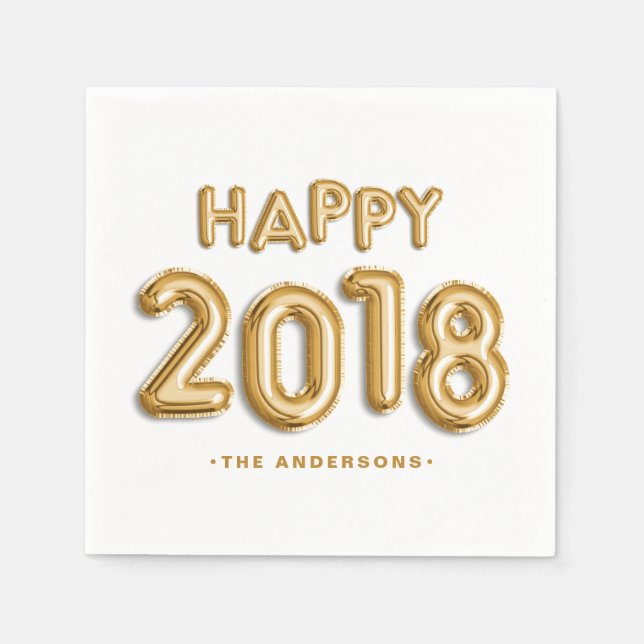 Gold Foil Balloons Happy 2018 Personalised Napkin (Front)
