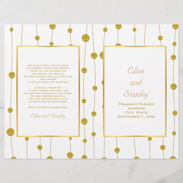 Gold foil beads modern wedding folded program (Front)