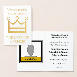 Gold Foil "BIRTH OF A PRINCE!" Baby Announcement