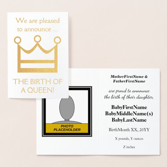 Gold Foil "BIRTH OF A QUEEN!" Baby Announcement (Display)