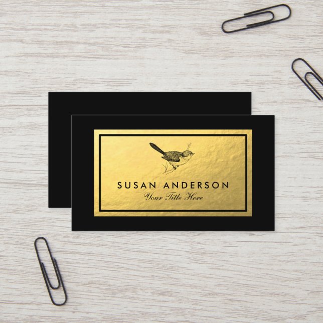 Gold Foil - Black Bushtit Bird Business Card (Front/Back In Situ)