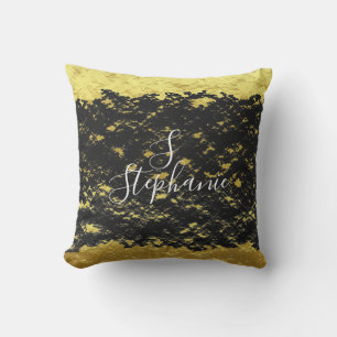 Gold Foil Black Glittery Sparkles Monogram Initial Cushion