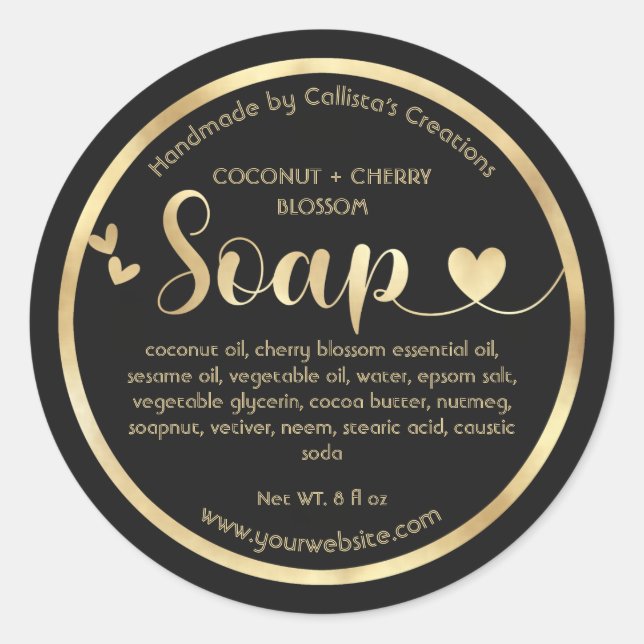 Gold Foil Black Hearts Border Handmade Soap Classic Round Sticker (Front)