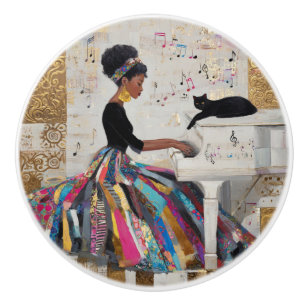 Gold Foil Black Lady Pianist and Cat Ceramic Knob