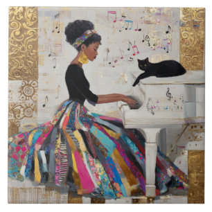 Gold Foil Black Lady Pianist and Cat Ceramic Tile