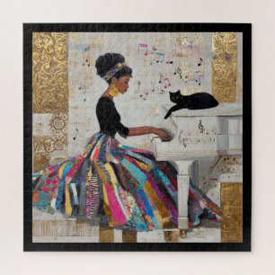Gold Foil Black Lady Pianist and Cat Jigsaw Puzzle