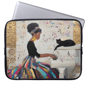 Gold Foil Black Lady Pianist and Cat Laptop Sleeve