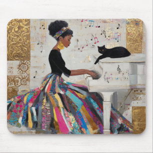 Gold Foil Black Lady Pianist and Cat Mouse Pad