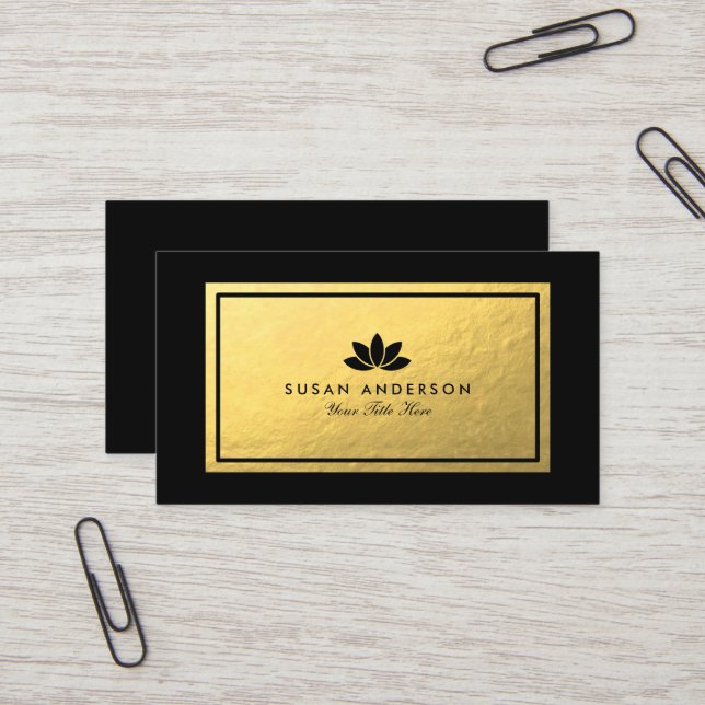 Gold Foil Black Lotus Flower Business Card (Front/Back In Situ)