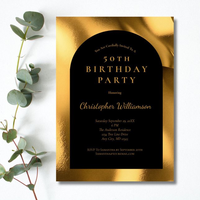 Gold Foil Black Men's Modern Arch 50th Birthday Invitation (Black with gold foil 50th birthday invitation for him or her. Simple Classic)