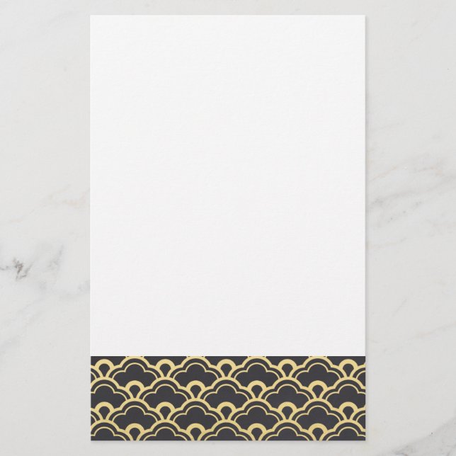 Gold Foil Black Scalloped Shells Pattern Stationery (Front)