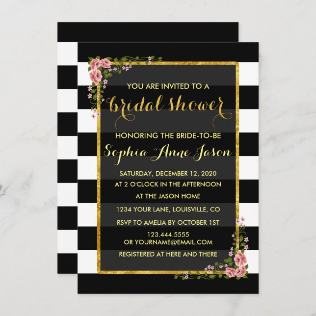 Gold Foil Black Stripes Bridal Shower Invite (Front/Back)
