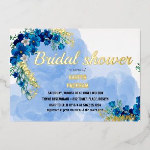 Gold foil blue flower bridal shower invitation