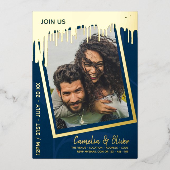 GOLD FOIL Blue PHOTO Wedding QR Code Dripping (Front)