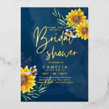 GOLD FOIL Blue Sunflowers BRIDAL SHOWER QR Code Fo