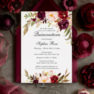 GOLD FOIL Blush Burgundy Floral Quinceanera