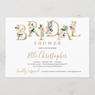 Gold foil blush pink floral letters bridal invite