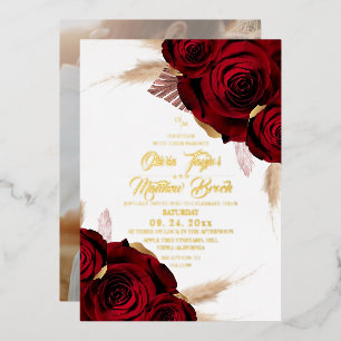 Gold Foil Boho Burgundy Roses Pampas Grass Wedding