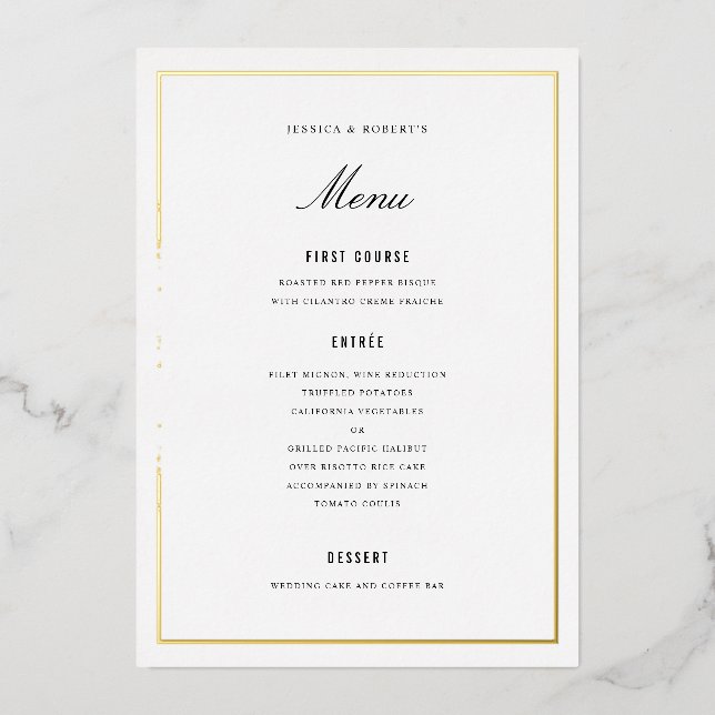 Gold Foil Border Elegant Wedding Menu Card (Front)