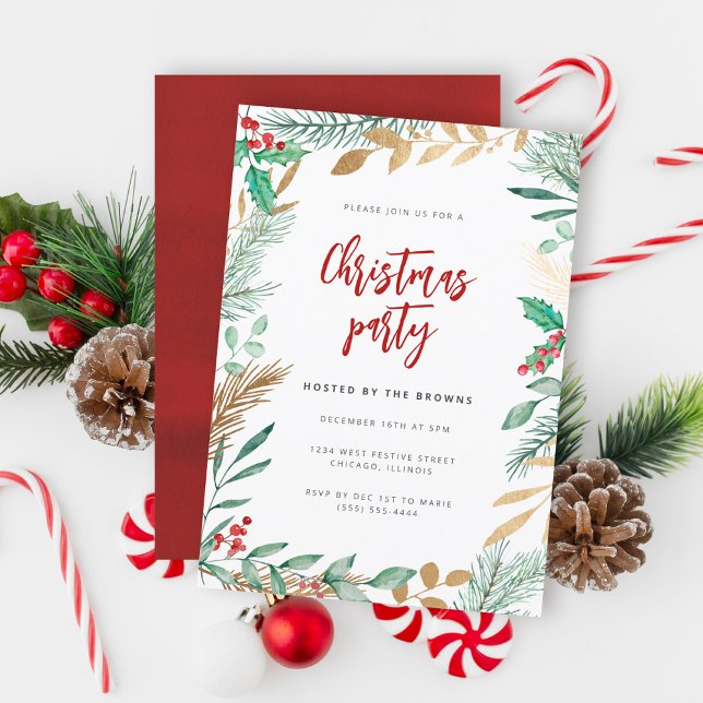 Gold Foil Branches Watercolor Christmas Party Invitation (Creator Uploaded)