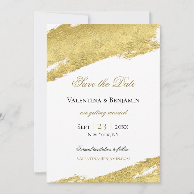 Gold foil brush stroke elegant modern wedding save the date (Front)