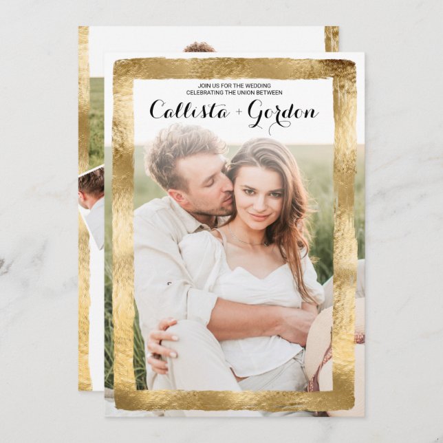 Gold Foil Brushstroke Border Photo Collage Wedding Invitation (Front/Back)