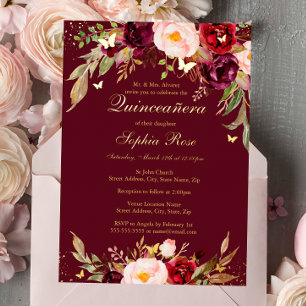 GOLD FOIL Burgundy Blush Floral Quinceanera