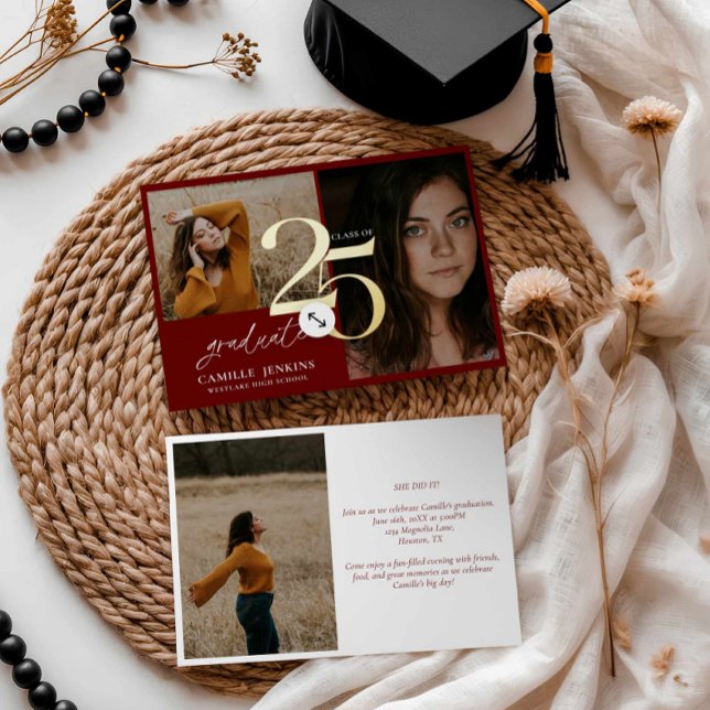 Gold Foil Burgundy Graduation Class 2025 Party (Modern Simple Gold Foil Graduation Party invite)