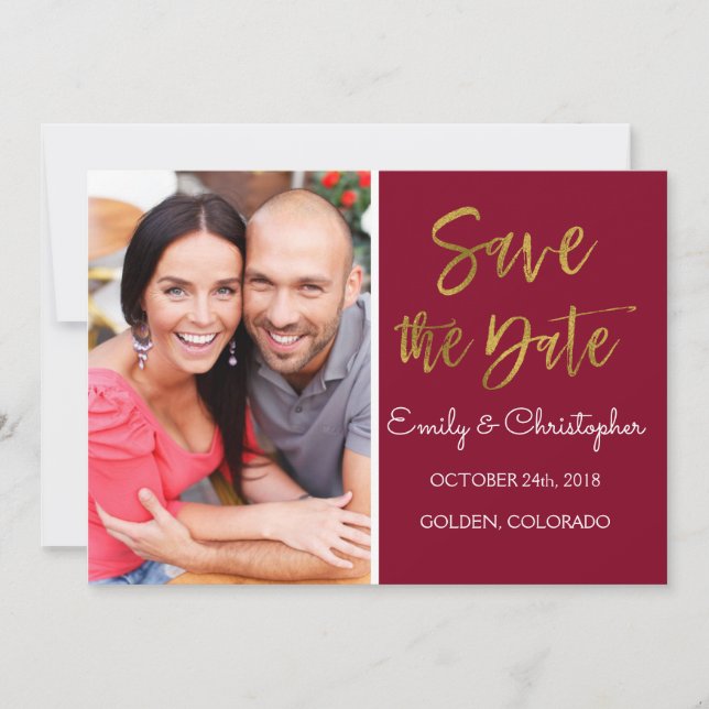 Gold Foil & Burgundy Marsala Save the Date Photo (Front)