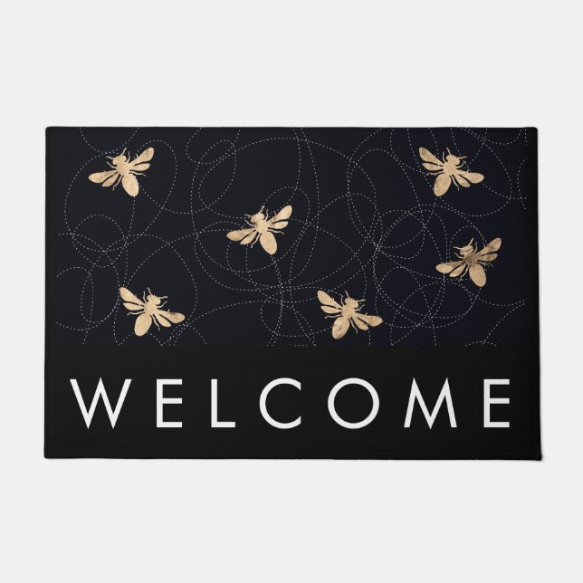 Gold Foil Busy Bee Print Welcome Mat (Front)