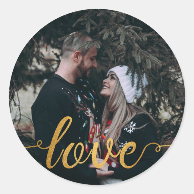 Gold Foil Calligraphic Script Love Custom Photo Classic Round Sticker (Front)
