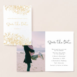 Gold Foil Calligraphy Floral Photo Save The Date Card