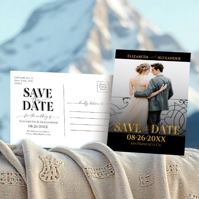 Gold Foil Calligraphy Photo Save the Date Postcard (Creator Uploaded)