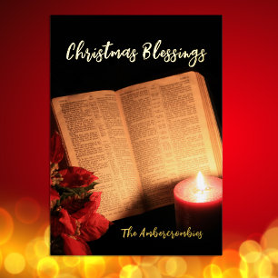 Gold Foil Candle Poinsettia Old Bible Foil Holiday Card