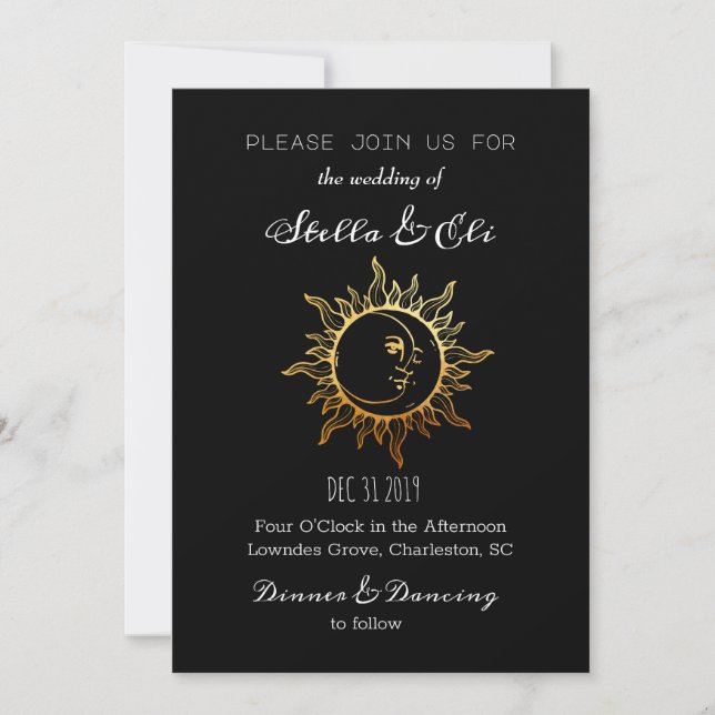 Gold Foil Celestial Sun and Moon Wedding Invitation (Front)