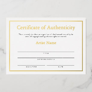 Gold Foil Certificate of Authenticity for Art Foil Holiday Card