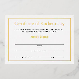 Gold Foil Certificate of Authenticity for Art Holiday Card