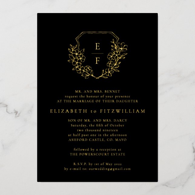 Gold Foil Cherry Blossoms Crest Monogram Black (Front)
