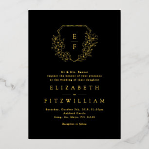 Gold Foil Cherry Blossoms Monogram Crest Black