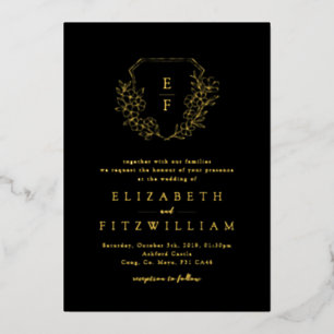 Gold Foil Cherry Blossoms Monogram Crest Black