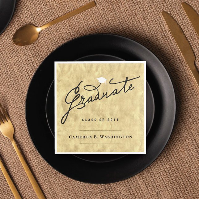 Gold Foil Chic Graduate Script Luxury Grad Party Napkin (Stylish Graduate Script Gold Foil Graduation Cap Grad Party Paper Napkin @ zazzle.com/color_therapy)