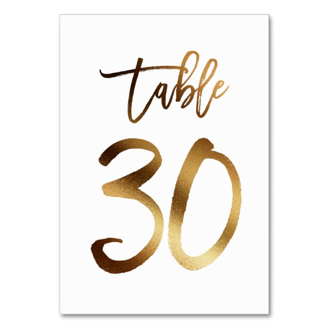 Gold foil chic wedding table number | Table 30 (Front)