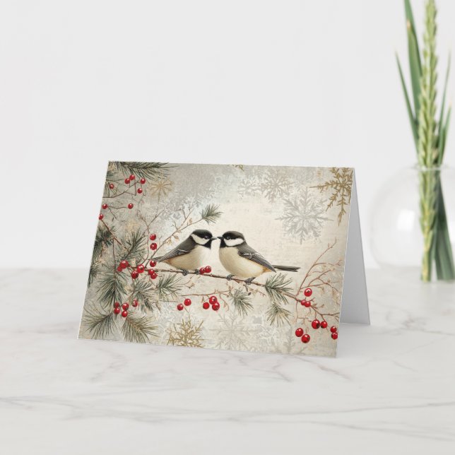 Gold Foil Chickadees with Snowflakes Card (Front)