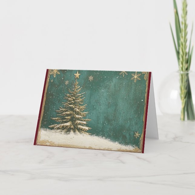 Gold Foil Christmas Tree on Turquoise Green Card (Front)