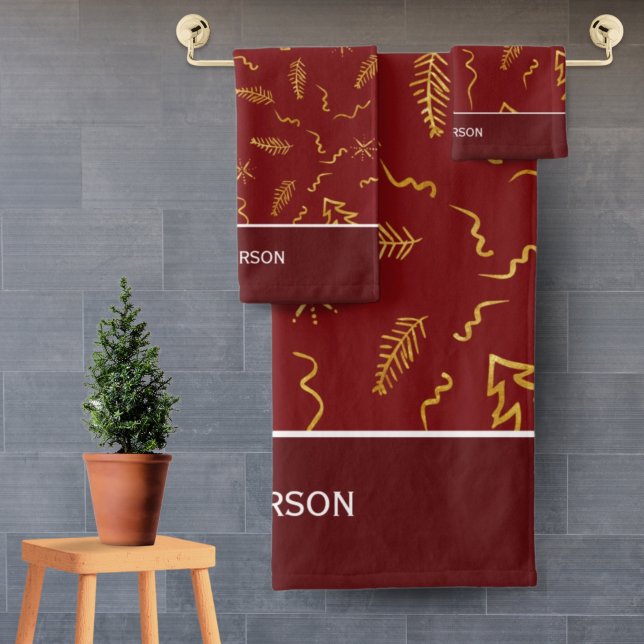 Gold Foil Christmas Tree Pattern Red Holiday Bath Towel Set (Creator Uploaded)