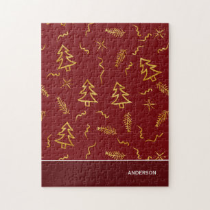 Gold Foil Christmas Tree Pattern Red Holiday Jigsaw Puzzle