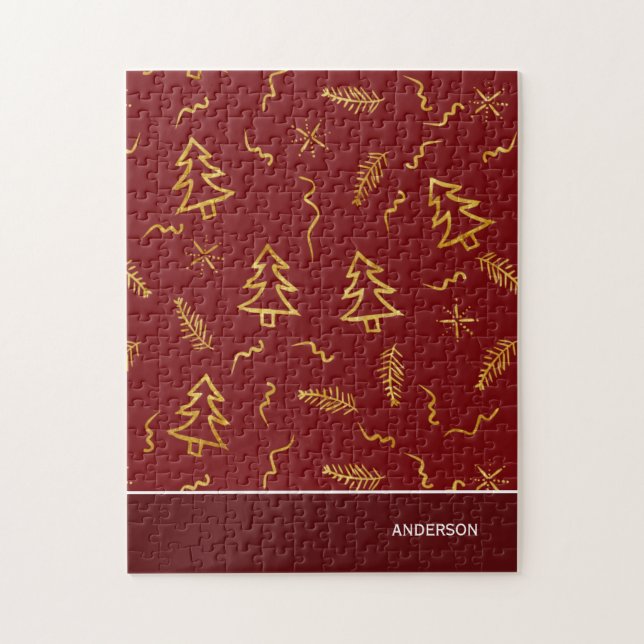 Gold Foil Christmas Tree Pattern Red Holiday Jigsaw Puzzle (Vertical)