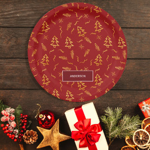 Gold Foil Christmas Tree Pattern Red Holiday Paper Plate