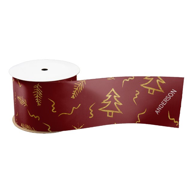 Gold Foil Christmas Tree Pattern Red Holiday Satin Ribbon (Spool)